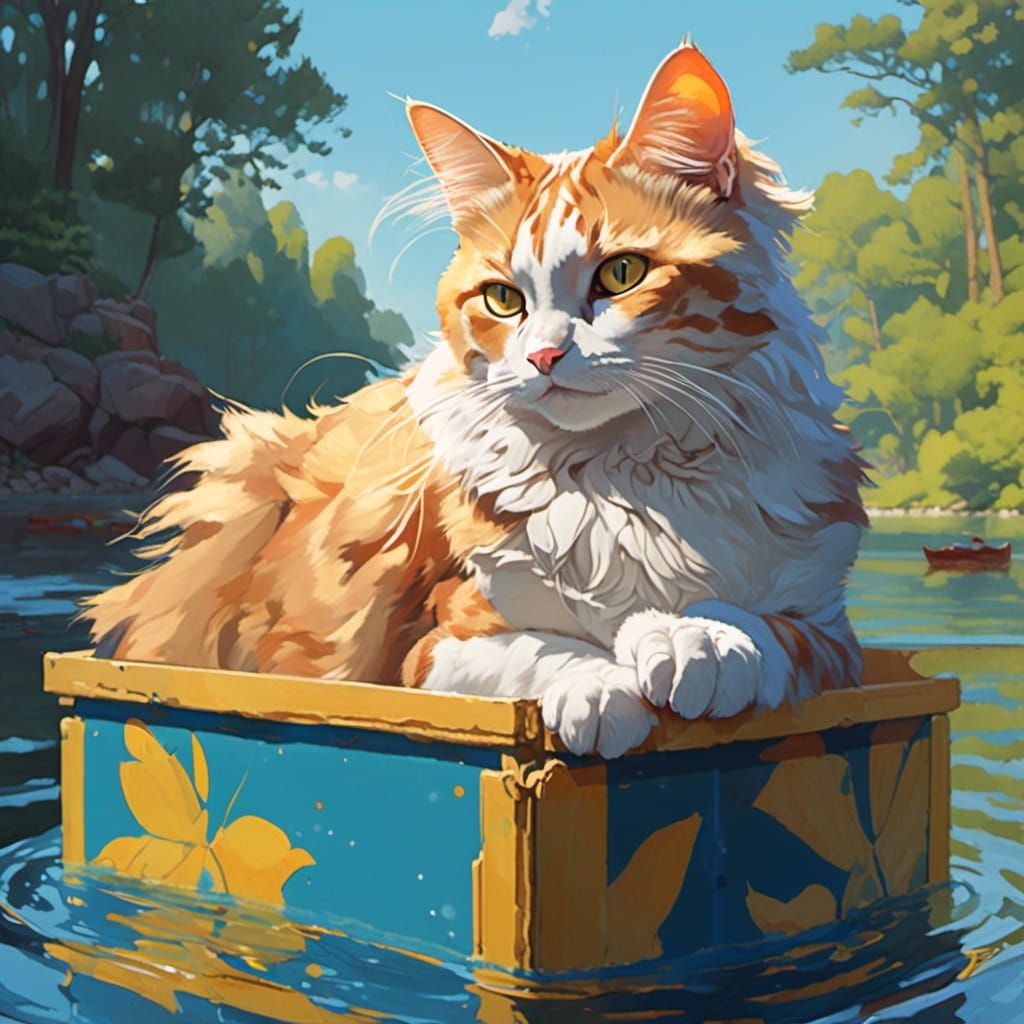 Cat in a Box Over Water: Digital Art Portrait