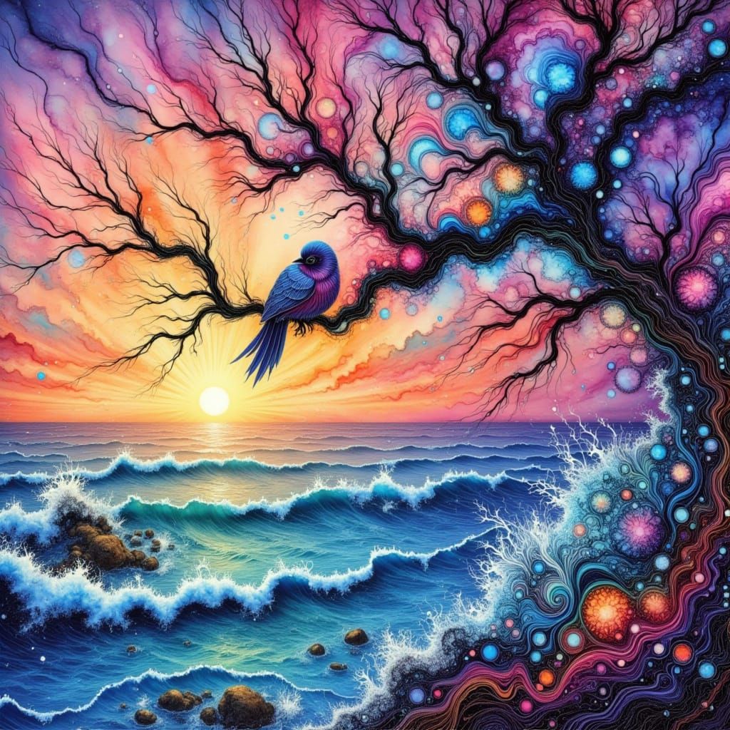 Dreamlike Birds Perch on Surreal Tree Branch Over Turbulent ...