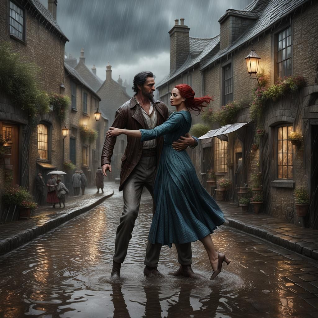Couple Dancing in the Rain in Old Village