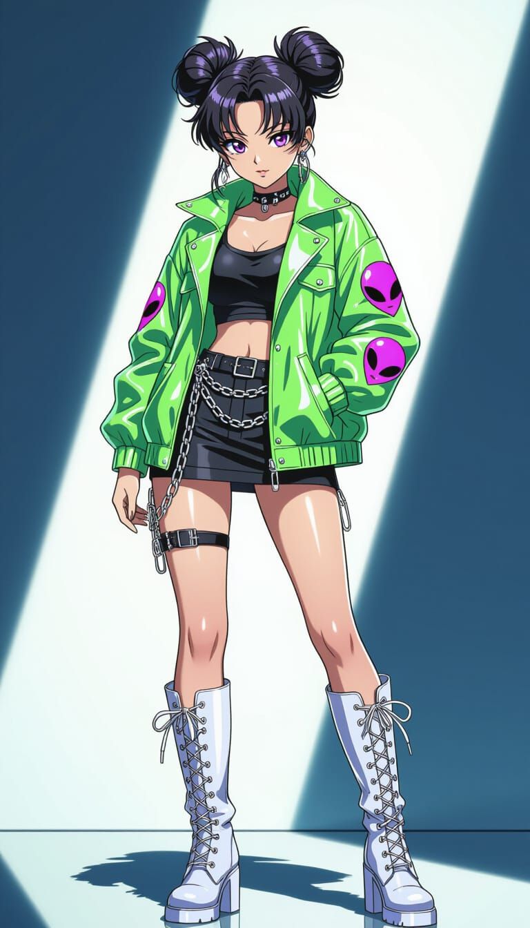 Anime Woman with Alien Patches in Transparent Jacket