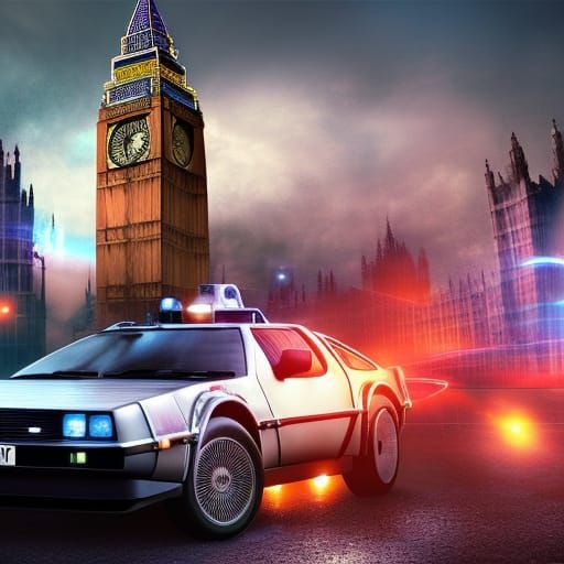 Doctor Who and DeLorean Under Big Ben