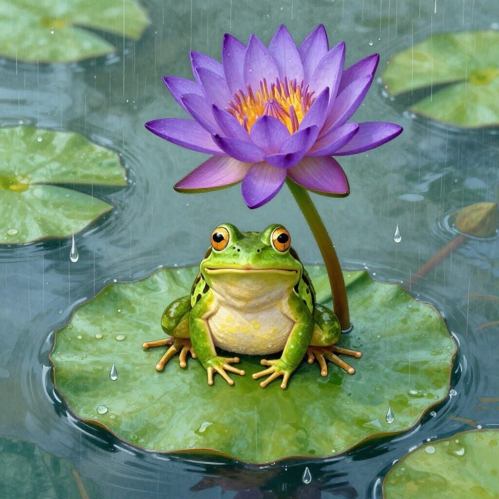 Frog Shelters Under Purple Lily Bloom from Giant Raindrops