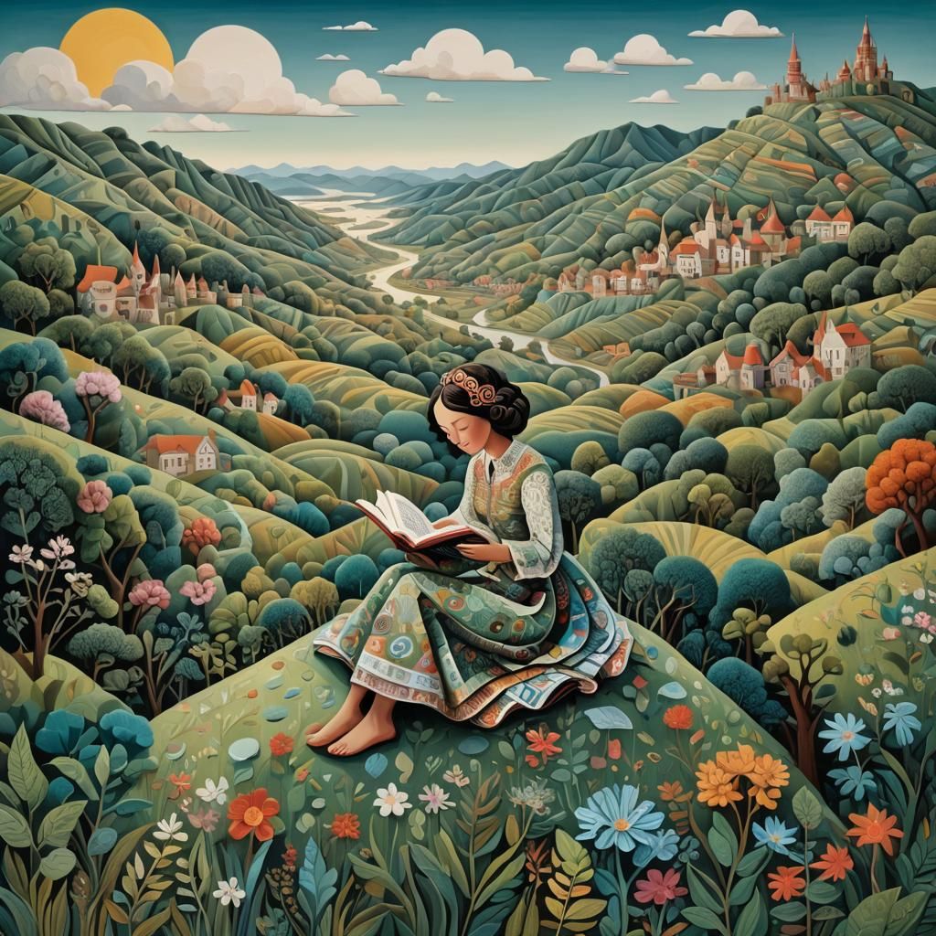 Whimsical Girl Reading Book with Vista