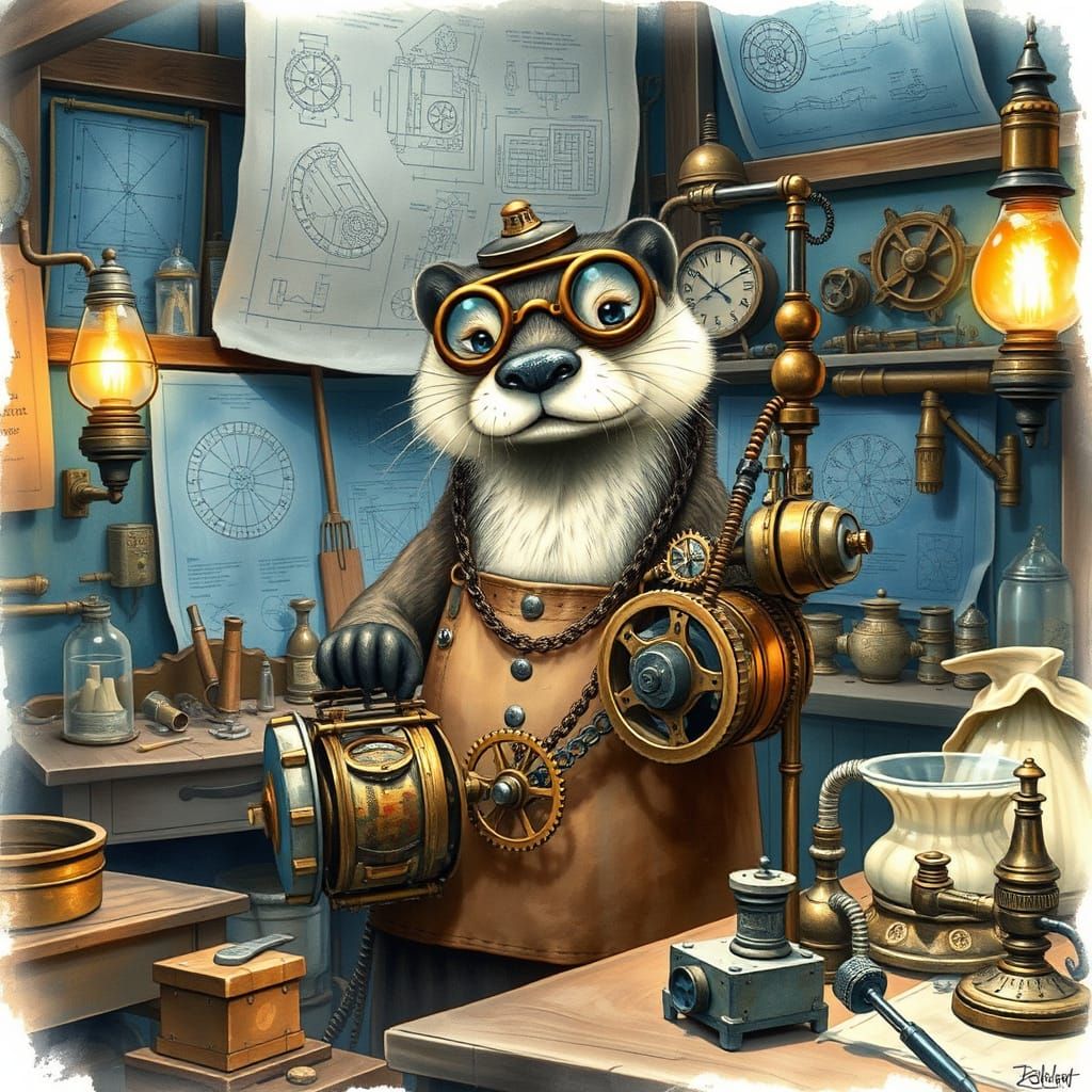 Steampunk Otter Inventor in Whimsical Watercolour Style