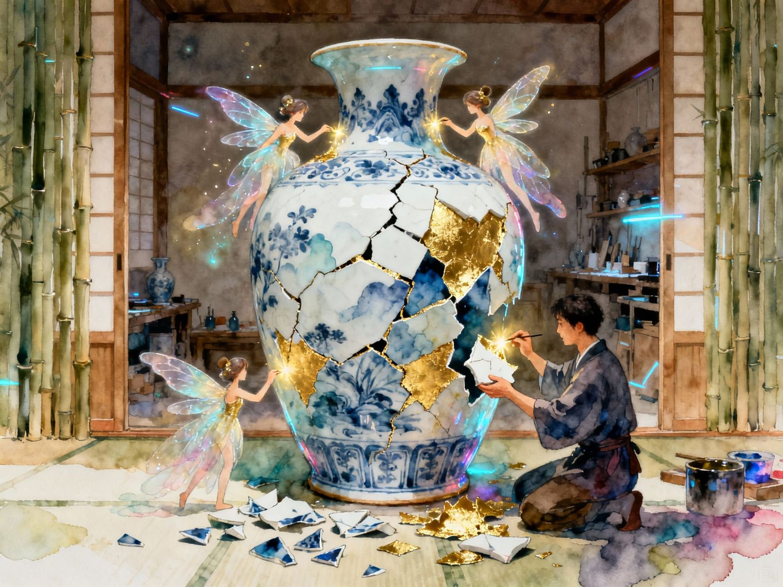 Fairies Repair Ming Vase with Gold Leaf