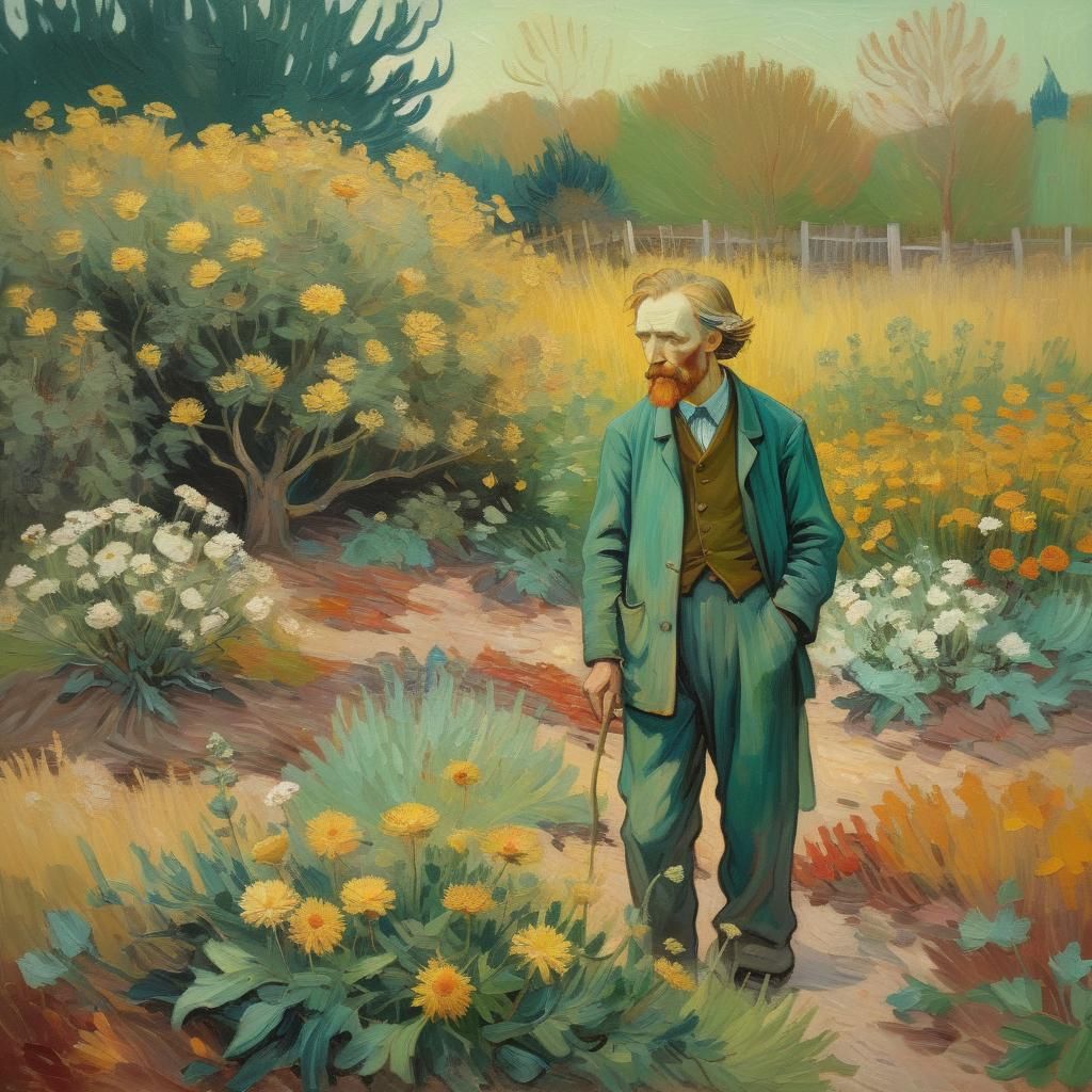 Solitary Figure in Desolate Garden: Oil Painting