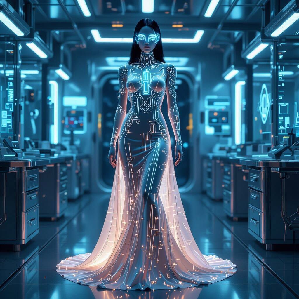 Androgynous AI in Fiber Optic Gown, Cyberpunk Art