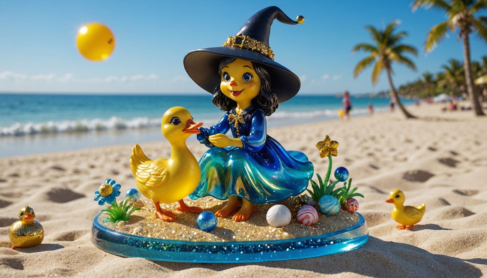 Iridescent Glass Witch and Duckling Beach Holiday