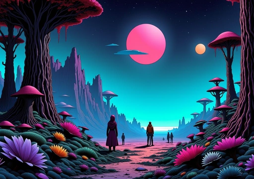 Moebius-Style Alien Landscape with Carnivorous Plants