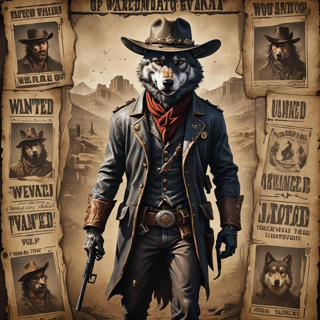 Cowboy Wolf-Dog Wanted Poster, Detailed Digital Art