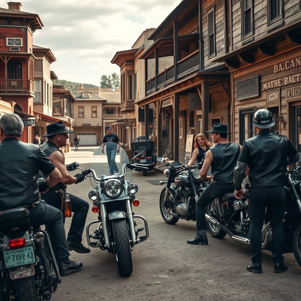 Bikers Gather Outside a Saloon in a Vintage Western Town