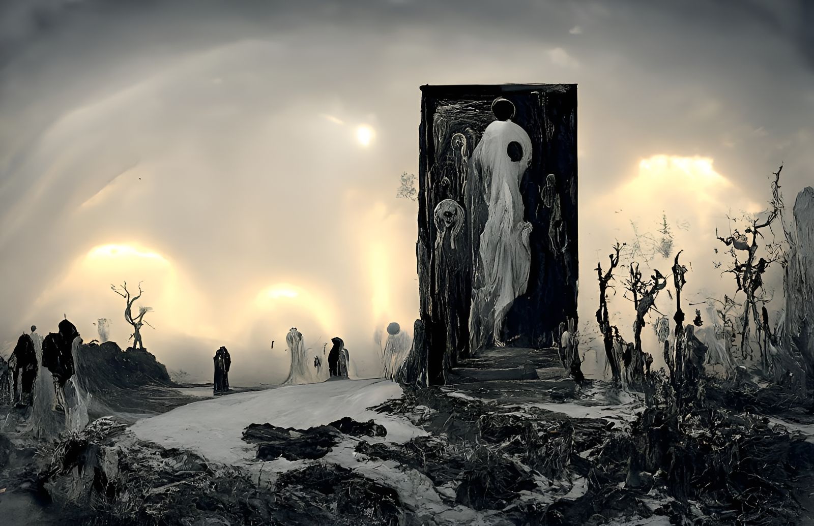 Eerie Doorway to Hell with Ghosts in Winter