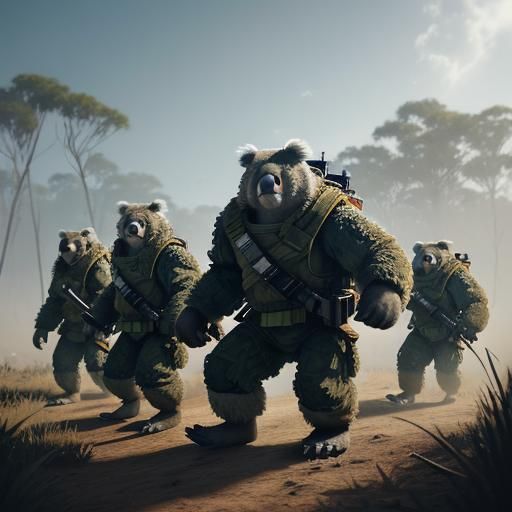 Koala Wookiee Warriors Assemble in 3D Game Cinematic Style