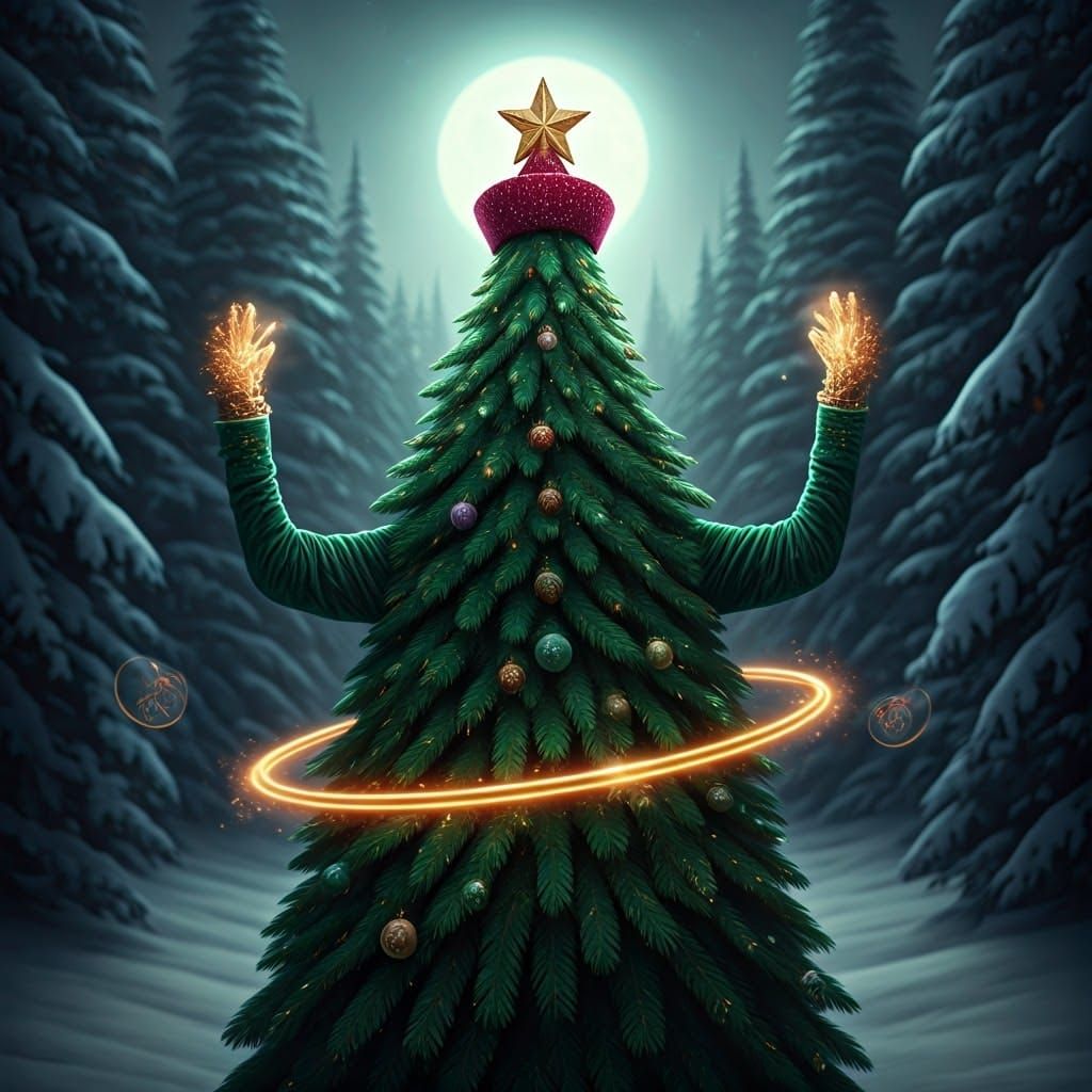 Glamorous Cyberpunk Christmas Tree Dances in Snowy Forest