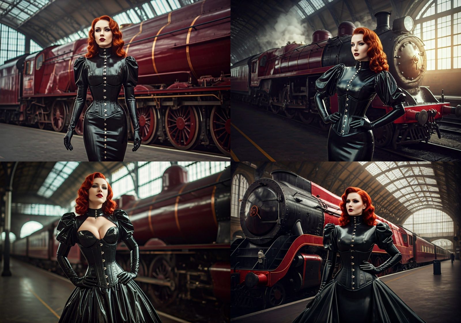 A woman stands confidently, adorned in an exquisite black latex gown that exudes elegance and a touch of drama and rubbe...