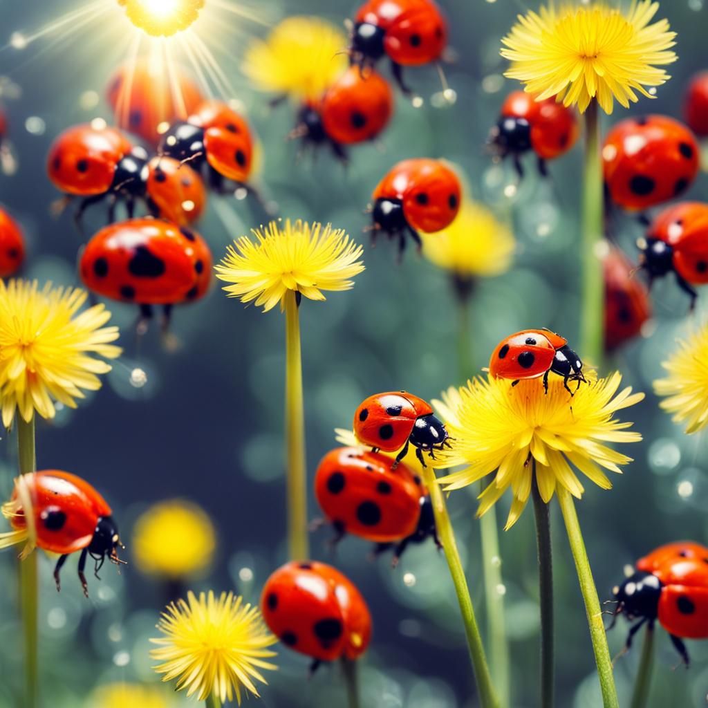 Ladybugs on Dandelion in Soft Sunlight