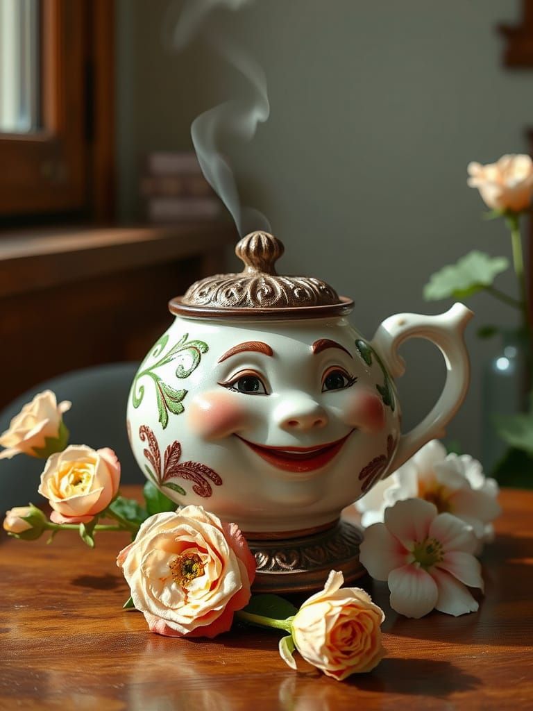 Vintage Teapot with Smiling Face in Storybook Style