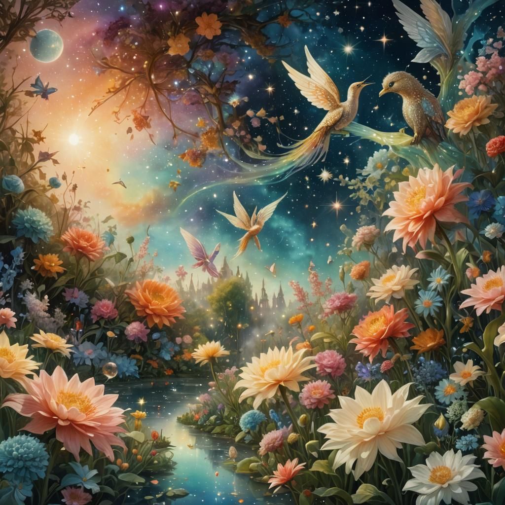 Surreal Celestial Garden with Jeweled Flora