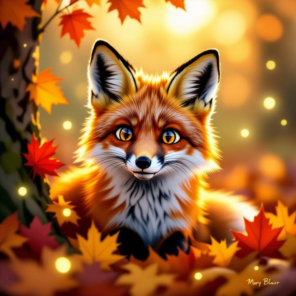Whimsical Fox Peeking Through Autumn Leaves in Golden Light