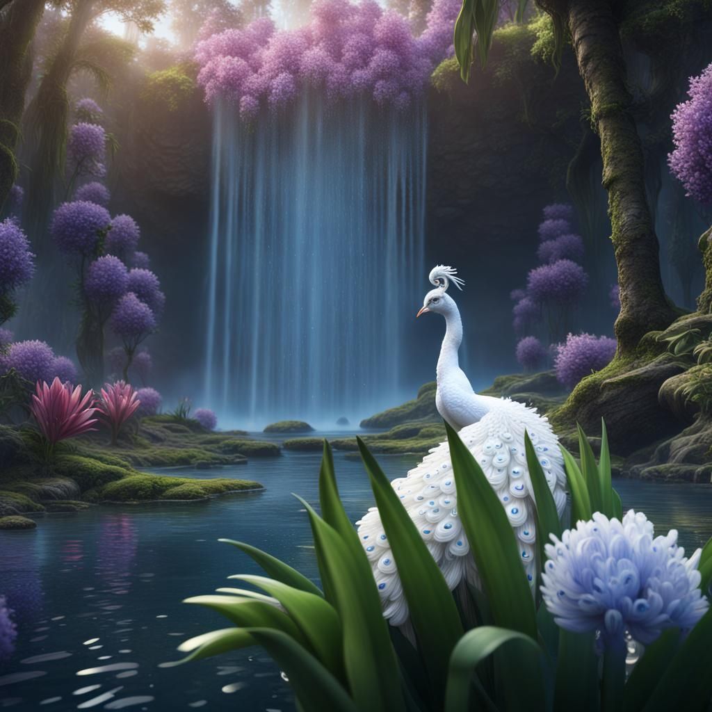 Hyacinths, Waterfall, and White Peacock: Detailed Fantasy Ar...