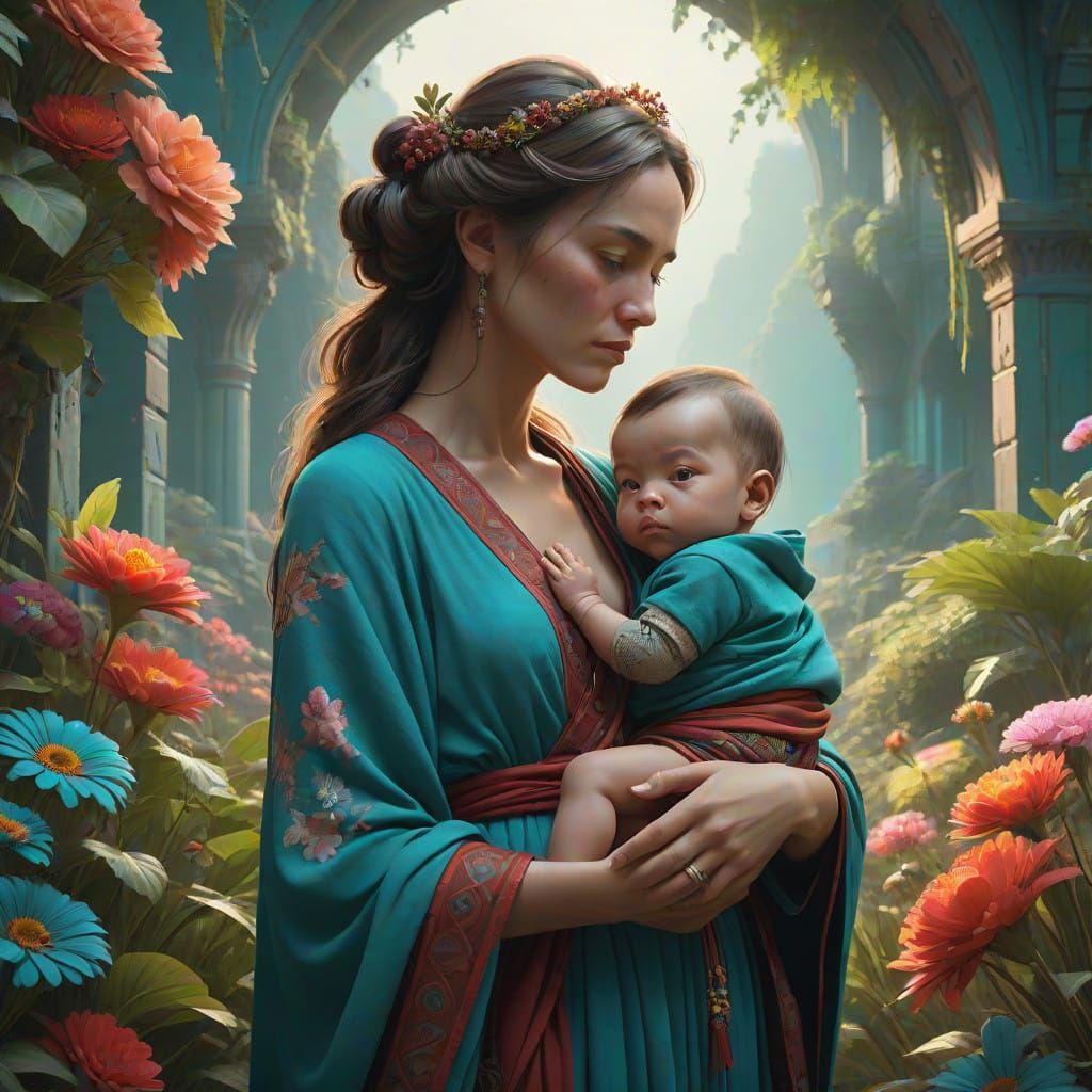 Mother and Newborn in Mystical Fantasy Realm