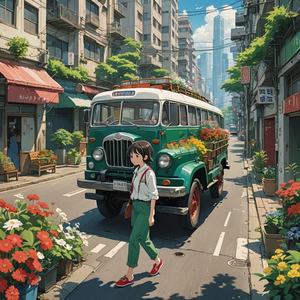 Anime Girls and Jeepney in Ghibli Style