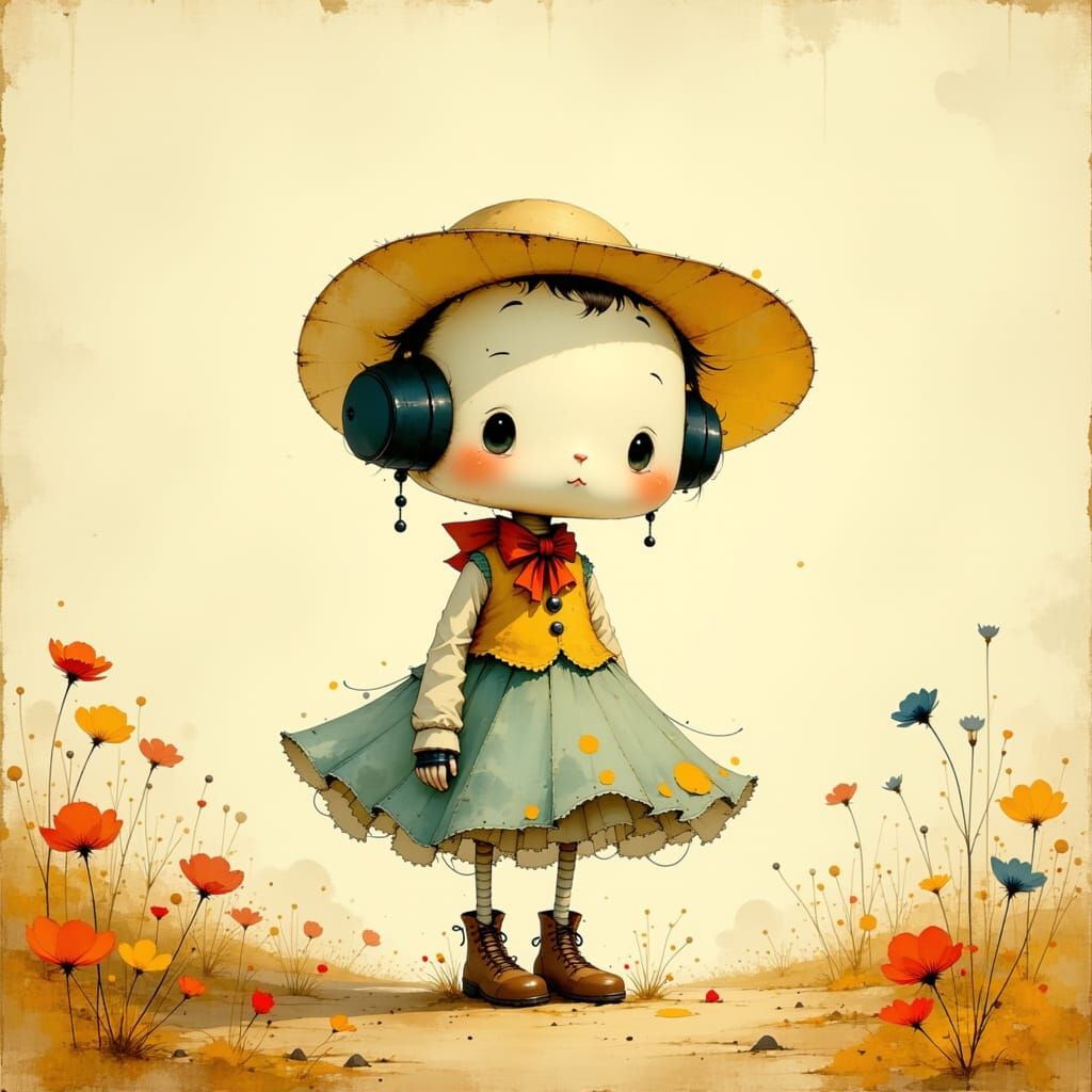 Whimsical Robot in Cowboy Dress in Beatrix Potter Style