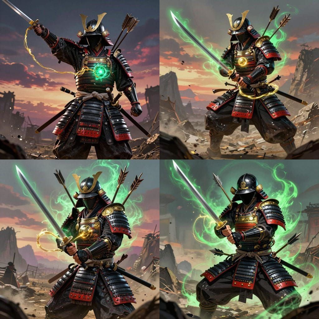 Samurai Warrior in Emerald Aura on Wasteland Battlefield