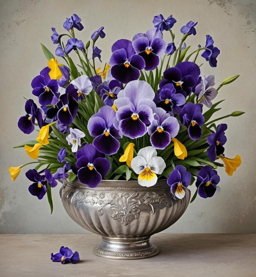 Floral Arrangement: Irises and Pansies in Silver Bowl