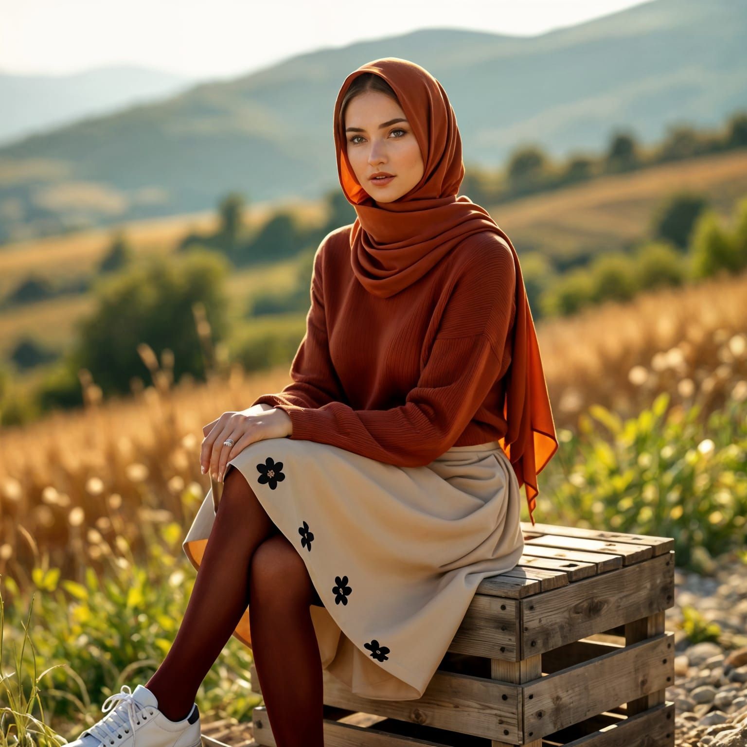 Albanian Woman in Floral Skirt and Auburn Hijab
