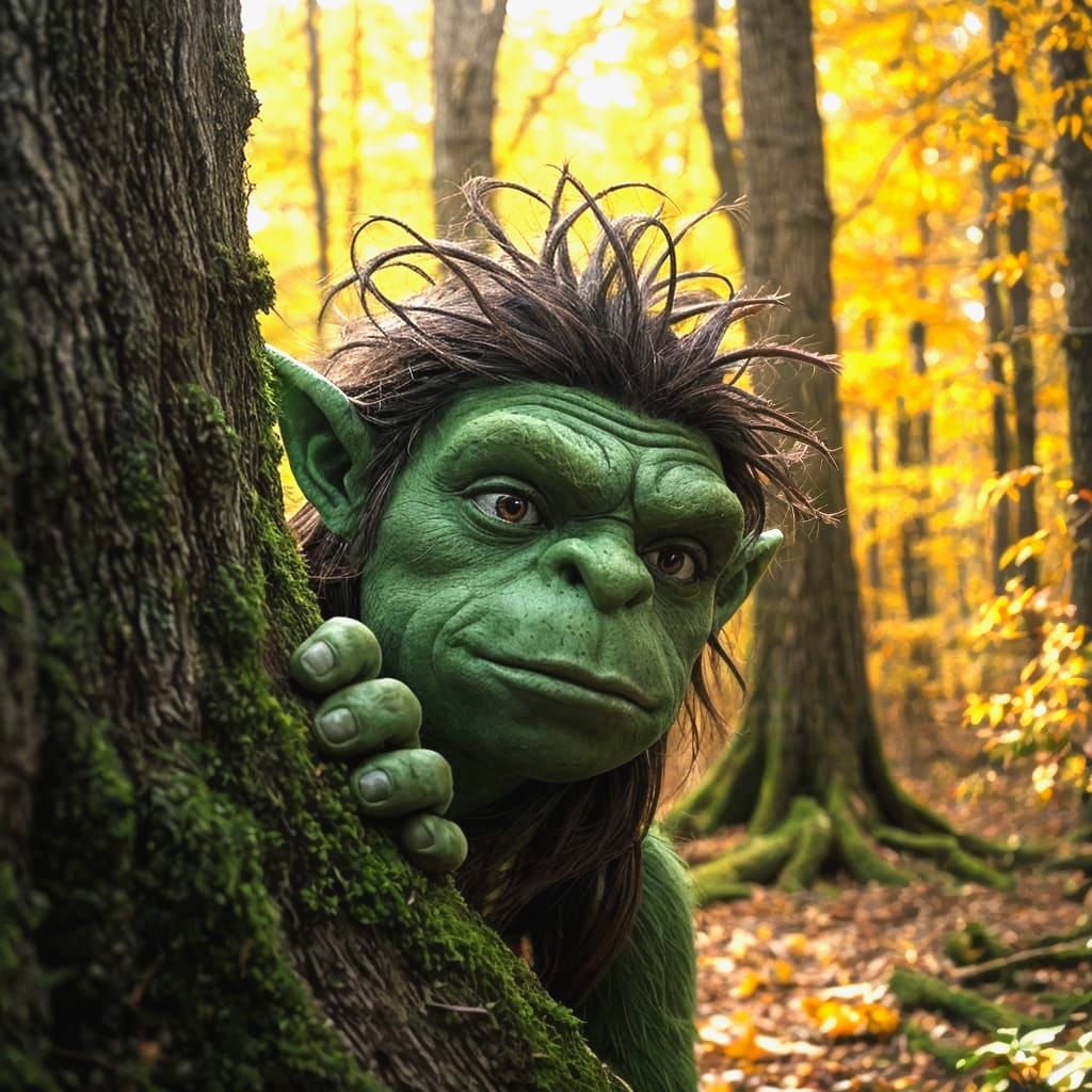 Green Woodland Troll Hiding in Autumn Forest