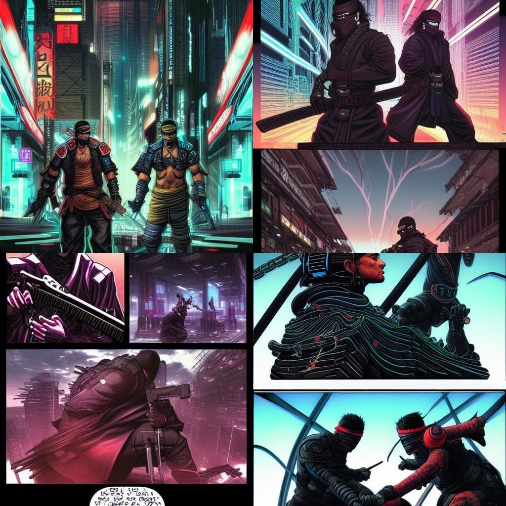 Cyberpunk Ninja vs Samurai: Comic Book Art