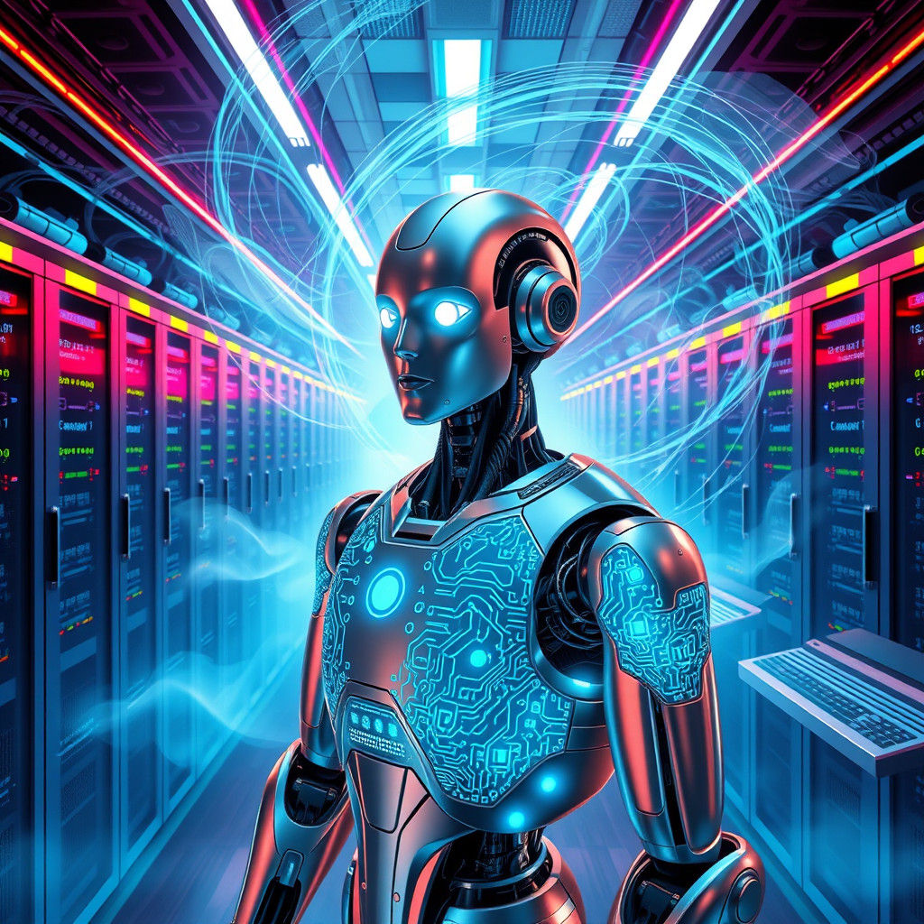 Futuristic Robot in Neon Laboratory, Cyberpunk Art