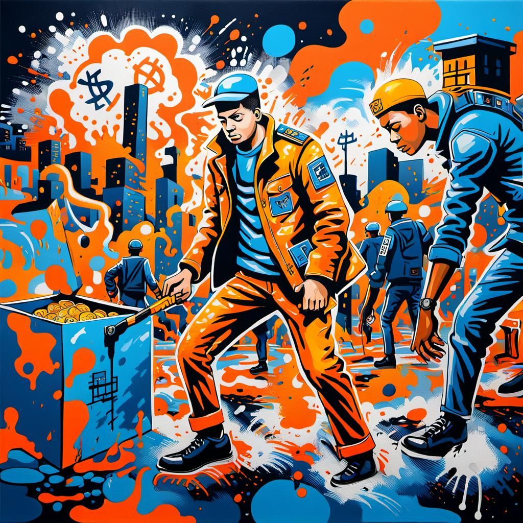 Urban Graffiti: Soldiers Spreading Bitcoin in City Chaos