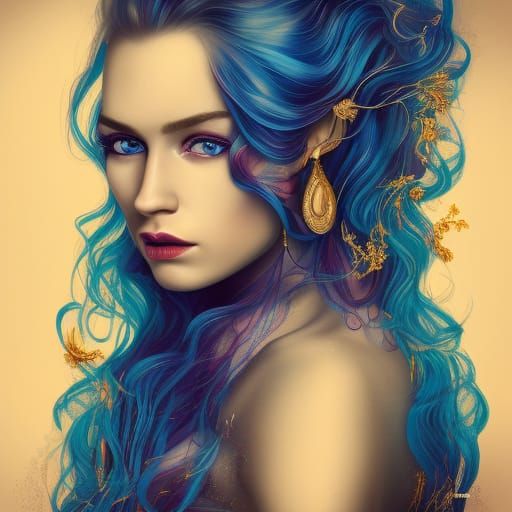 Rainbow Haired Woman Portrait in Digital Painting Style