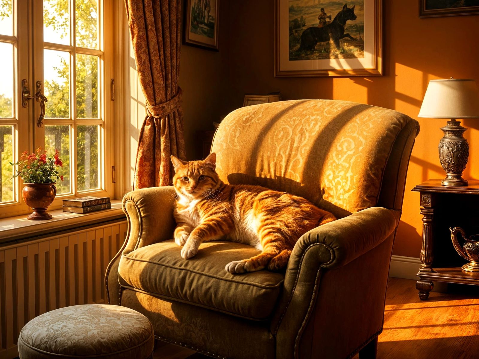 Ginger Cat Lounging in Sun-Drenched Room as Impressionist Pa...