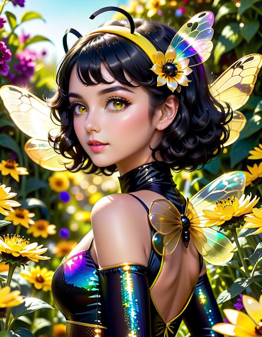 Honeybee Woman in Flower Garden, Art Nouveau Style