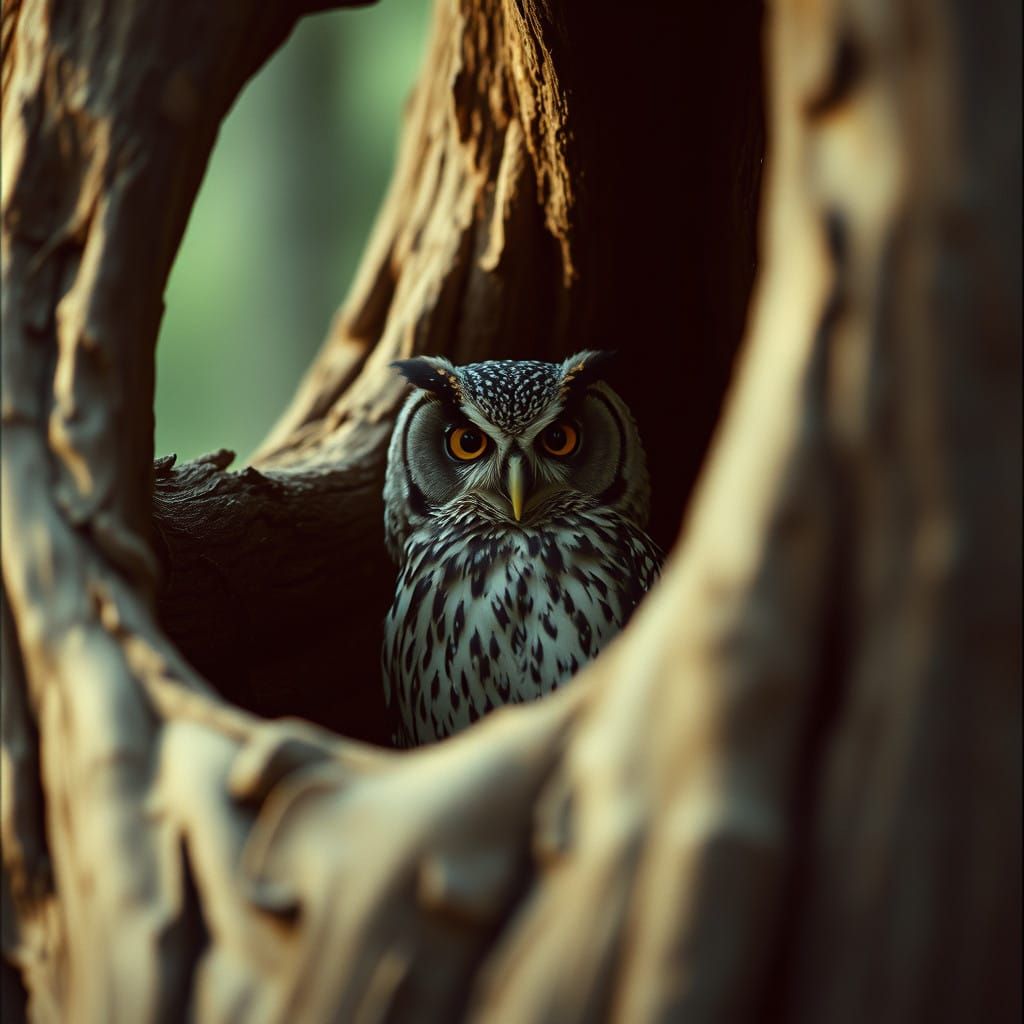 Cinematic Owl Portrait in Atmospheric Film Still