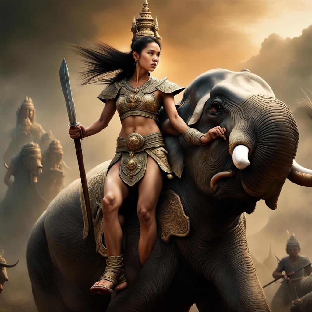 Thai Warrior on War Elephant, Ancient Oil Painting