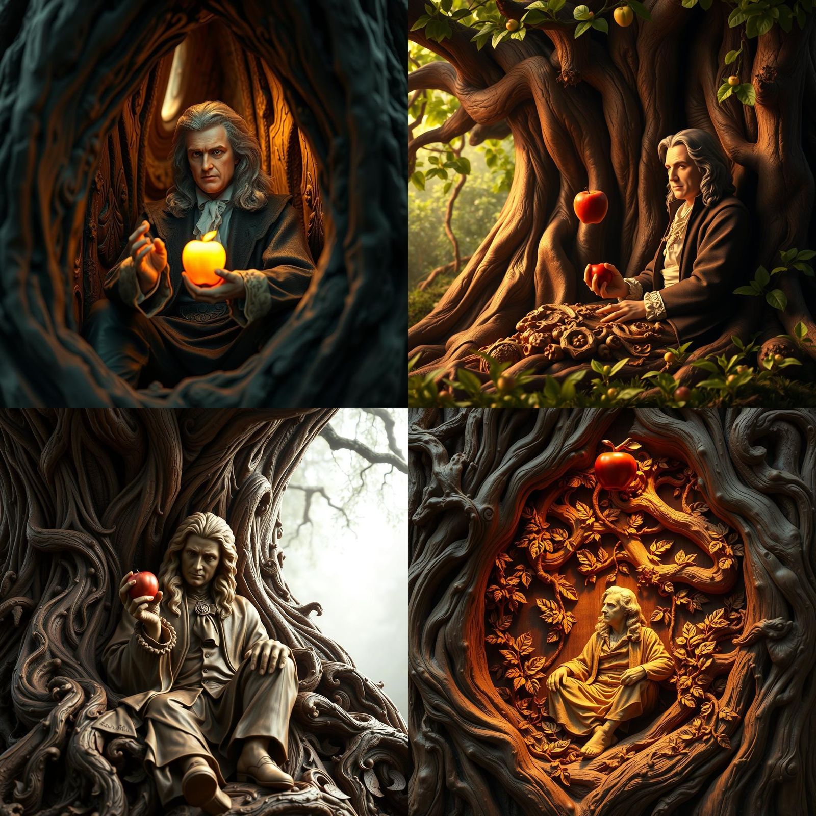 Wood Carving of Isaac Newton and the Apple