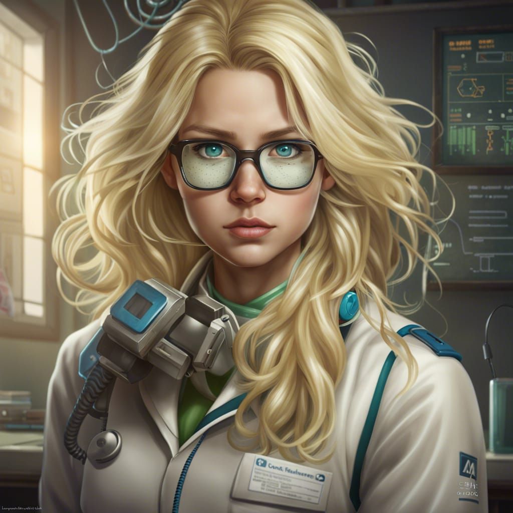 Beautiful Blonde Scientist with Technology Glasses: Hyperrea...