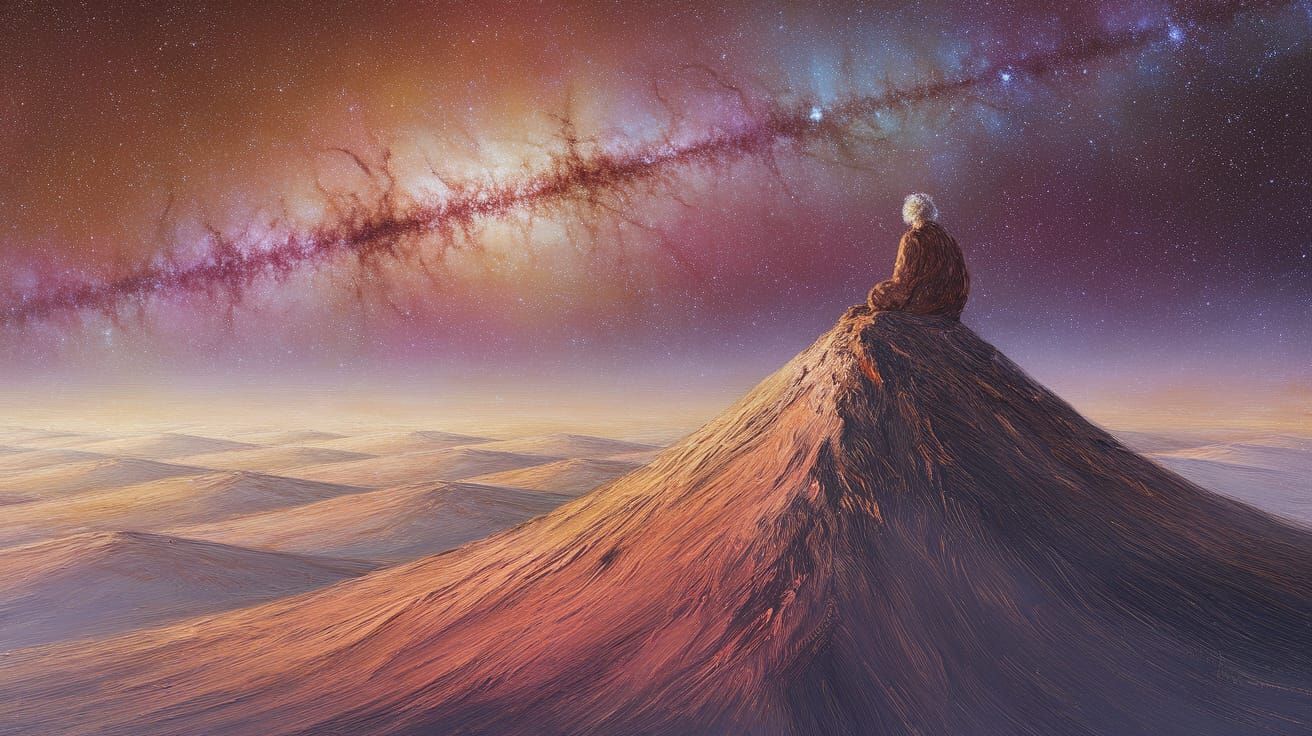 Solitary Figure Gazes at Nebula atop Ancient Mountain