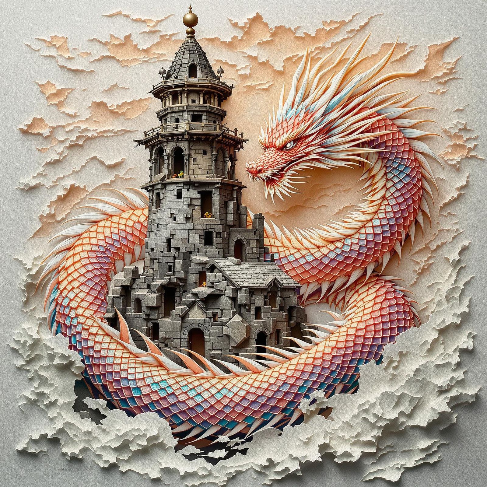 Iridescent Paper-Cut Dragon Coiled Around Tower