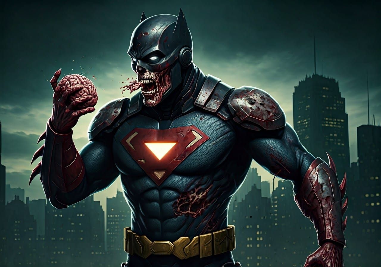 Gritty Zombified Superhero in Dark Cityscape