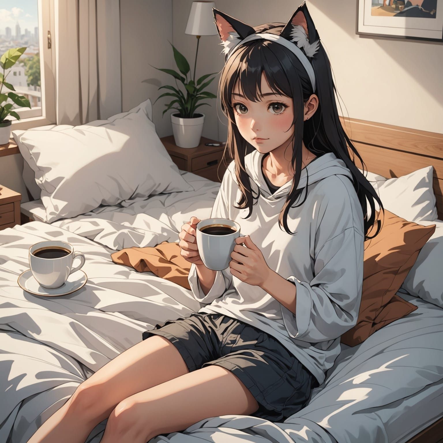 Young Woman Enjoys Morning with Whimsical Feline Accents in...