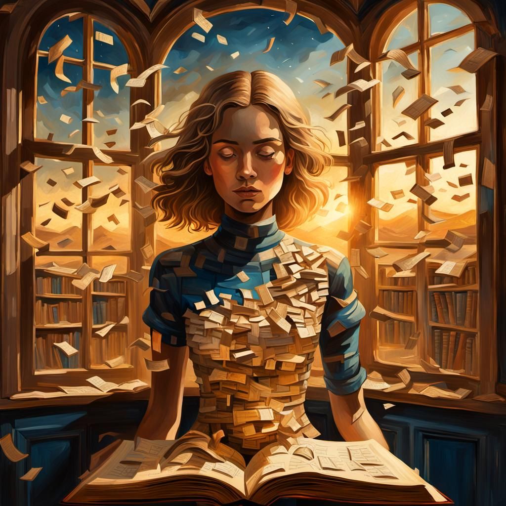 Letter Woman Emerges from Book: Surreal Oil Painting