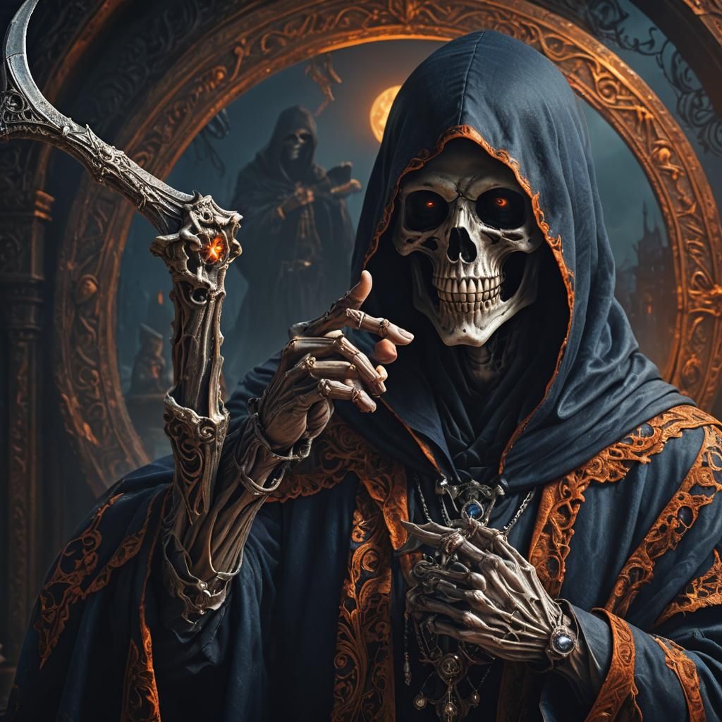 The grim reaper with his boney finger pointing at us