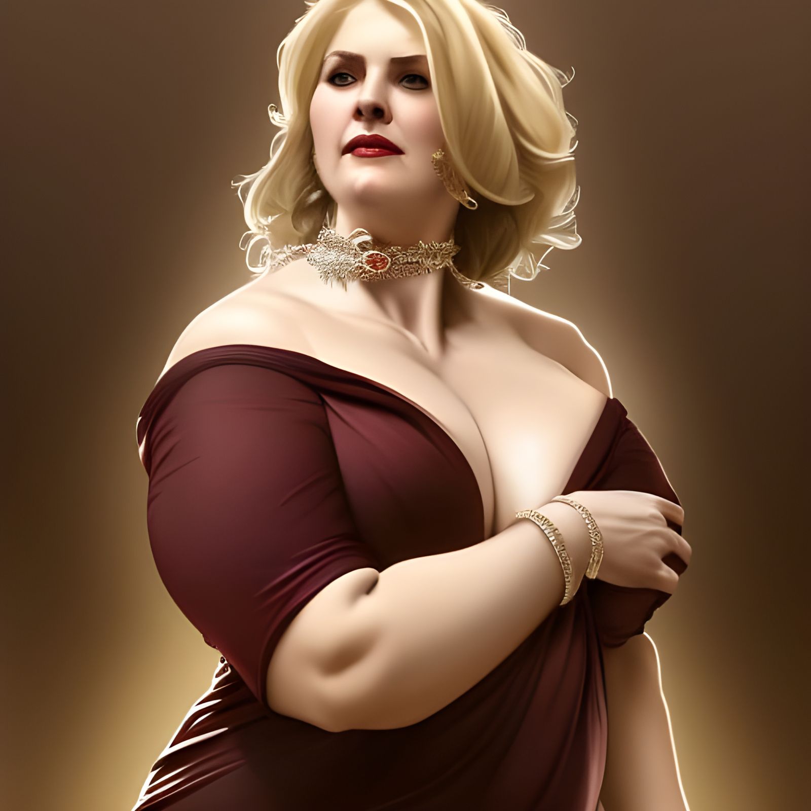 Voluptuous Blonde Woman in Elegant Dress, Detailed Portrait