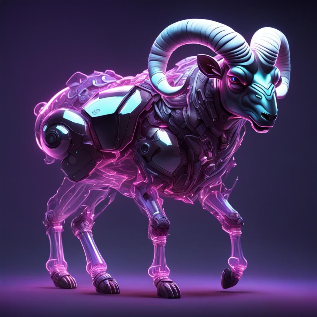 Glass Ram Creature in Titanium Armor: Digital Art