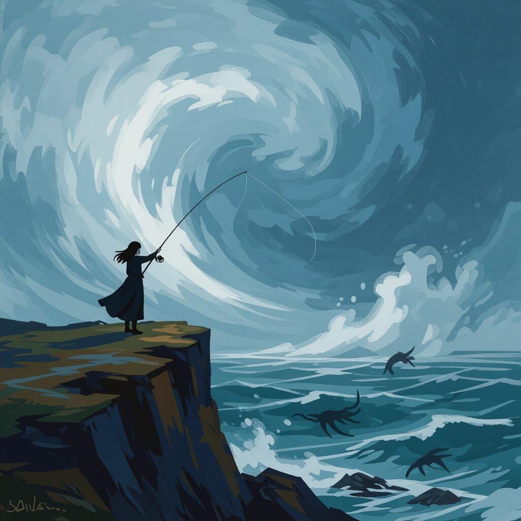 Fisherwoman on Cliff Casting Line into Stormy Sea Vortex